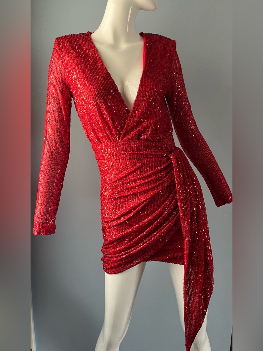 Fashion Nova Red Sequin Faux Wrap Plunging Mini Cocktail Party Dress Size XS